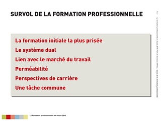 SURVOL DE LA FORMATION PROFESSIONNELLE
7.1.1	LaformationprofessionnelleenSuisse2014/Faitsetdonnéeschiffrées/Survoldelaformationprofessionnelle
La formation initiale la plus prisée
Le système dual
Lien avec le marché du travail
Perméabilité
Perspectives de carrière
Une tâche commune
La formation professionnelle en Suisse 2014
 