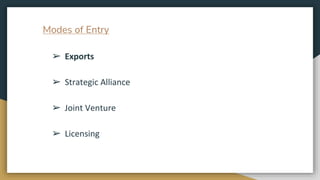 Modes of Entry
➢ Exports
➢ Strategic Alliance
➢ Joint Venture
➢ Licensing
 
