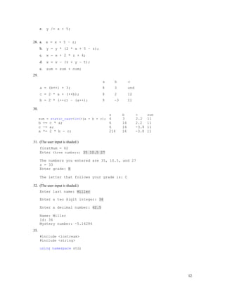 12
e. y /= x + 5;
28. a. x = x + 5 – z;
b. y = y * (2 * x + 5 – z);
c. w = w + 2 * z + 4;
d. x = x – (z + y – t);
e. sum = sum + num;
29.
a b c
a = (b++) + 3; 8 3 und
c = 2 * a + (++b); 8 2 12
b = 2 * (++c) – (a++); 9 -3 11
30.
a b c sum
sum = static_cast<int>(a + b + c); 6 3 2.2 11
b += c * a; 6 16 2.2 11
c -= a; 6 16 -3.8 11
a *= 2 * b - c; 214 16 -3.8 11
31. (The user input is shaded.)
firstNum = 62
Enter three numbers: 35 10.5 27
The numbers you entered are 35, 10.5, and 27
z = 33
Enter grade: B
The letter that follows your grade is: C
32. (The user input is shaded.)
Enter last name: Miller
Enter a two digit integer: 34
Enter a decimal number: 62.5
Name: Miller
Id: 34
Mystery number: -5.14286
33.
#include <iostream>
#include <string>
using namespace std;
 