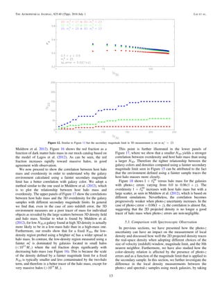 Muldrew et al. 2012). Figure 16 shows the red fraction as a
function of dark matter halo mass in our mock catalog based on
the model of Lagos et al. (2012). As can be seen, the red
fraction increases rapidly toward massive halos, in good
agreement with observation.
We now proceed to show the correlation between host halo
mass and overdensity in order to understand why the galaxy
environment calculated using a fainter secondary magnitude
limit has a better correlation with galaxy color. We adopt a
method similar to the one used in Muldrew et al. (2012), which
is to plot the relationship between host halo mass and
overdensity. The upper panels of Figure 17 show the correlations
between host halo mass and the 3D overdensity for the galaxy
samples with different secondary magnitude limits. In general
we ﬁnd that, even in the case of zero redshift error, the 3D
environment measures are a poor tracer of mass for individual
objects as revealed by the large scatters between 3D density ﬁeld
and halo mass. Similar to what is found by Muldrew et al.
(2012), for low N3D a galaxy found at high 3D density is actually
more likely to be in a low-mass halo than in a high-mass one.
Furthermore, our results show that for a ﬁxed N3D, the low-
density region probed using a brighter mi
s
has a wider spread in
halo mass. In contrast, the low-density region measured using a
fainter mi
s
is dominated by galaxies located in small halos
(<1012
Me) where the red fraction drops signiﬁcantly with
decreasing halo mass (see Figure 16). This is because the scale
of the density deﬁned by a fainter magnitude limit for a ﬁxed
N3D is typically smaller and less contaminated by the two-halo
term, and therefore is a better tracer of the halo mass, except for
very massive halos (>1014
Me).
This point is further illustrated in the lower panels of
Figure 17, where we show that a smaller N3D yields a stronger
correlation between overdensity and host halo mass than using
a larger N3D. Therefore the tighter relationship between the
galaxy colors and densities computed using a fainter secondary
magnitude limit seen in Figure 15 can be attributed to the fact
that the environment deﬁned using a fainter sample traces the
host halo masses more closely.
Figure 18 shows d+1 6
2D
versus halo mass for the galaxies
with photo-z errors varying from 0.0 to ( )+ z0.06 1 . The
overdensity d+1 6
2D
increases with host halo mass but with a
large scatter, as seen in Muldrew et al. (2012), which is based on
different simulations. Nevertheless, the correlation becomes
progressively weaker when photo-z uncertainty increases. In the
case of photo-z error = 0.06(1 + z), the correlation is almost ﬂat,
suggesting that the 2D projected density is no longer a good
tracer of halo mass when photo-z errors are non-negligible.
5.3. Comparison with Spectroscopic Observation
In previous sections, we have presented how the photo-z
uncertainty can have an impact on the measurement of local
density and discussed how well the 2D projected density traces
the real-space density when adopting different choices of the
size of velocity (redshift) window, magnitude limit, and the Nth
nearest neighbor. Furthermore, we have also studied how the
color–density relation is affected by the presence of photo-z
errors and as a function of the magnitude limit that is applied to
the secondary sample. In this section, we further investigate the
difference in the local density measurements between the
photo-z and spectral-z samples using mock galaxies, by taking
Figure 12. Similar to Figure 11 but the secondary magnitude limit in 3D measurement is set to =m 23i
s
.
13
The Astrophysical Journal, 825:40 (25pp), 2016 July 1 Lai et al.
 