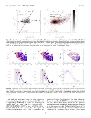 We thank the anonymous referee for very constructive
comments, which greatly improved this manuscript. This work
is supported by the Ministry of Science and Technology of
Taiwan under the grants NSC101-2112-M-001-011-MY2,
MOST103-2112-M-001-031-MY3, and MOST102-2112-M-
001-001-MY3. H.-Y. Jian acknowledges the support of
NSC101-2811-M-002-075. W.-P. Chen acknowledges the
support of NSC102-2119-M-008-001. We thank Michael C.
Cooper for providing the DEEP2 environment measurements for
our work. We also thank the PS1 builders and PS1 operations
staff for construction and operation of the PS1 system and access
to the data products provided. The Pan-STARRS1 Surveys (PS1)
have been made possible through contributions of the Institute for
Astronomy, the University of Hawaii, the Pan-STARRS Project
Figure 24. Left panel: scatter plot of the 3D real-space overdensity, d+1 6
3D
, vs. 2D projected overdensity, d+1 6
2D
, with galaxy samples in the EGS ﬁeld. The 2D and
3D environments are calculated by using redshifts from Pan-STARRS1 and DEEP2 respectively. Right panel: similar to the left panel but using mock galaxy catalogs
for the case with real-space overdensity and the case with photo-z error = 0.06(1 + z) and 6% outliers. The primary and secondary magnitude limits are considered by
using <m 25i
p
and <m 25i
s
. The numbers in the bottom left of each panel indicate the rs coefﬁcient. The black dashed–dotted lines represent the best ﬁt to the data
points, the red dashed–dotted lines represent the one-to-one relation, and the contours show the regions of constant galaxy number.
Figure 25. Upper panels: the color–magnitude diagrams for galaxies in the 20% most dense (red contours) and 20% least dense (blue contours) galaxy environments
with different data sets over the redshift interval < <z0.3 0.5 (left: spectral-z sample from DEEP2 in the EGS ﬁeld; middle: PS1 photo-z sample in the overlapping
region with the EGS ﬁeld; right: PS1 photo-z sample with ∼5 deg2
). Lower panels: the red fraction, fred, as a function of i-band apparent magnitude in the 20% most
dense (red) and 20% least dense (blue) galaxy environments. The error bars are given by Poisson statistics, and the contours show the regions of constant galaxy
number.
22
The Astrophysical Journal, 825:40 (25pp), 2016 July 1 Lai et al.
 