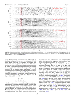 study. The environment measurements used in this study are
introduced in Section 3. In Section 4 we compare the 3D real-
space density with the 2D projected environment, and
demonstrate how to optimize the choice of Nth nearest
neighbor to improve the 2D projected density measurement.
In Section 5 we show the relation between galaxy environment
and galaxy properties in the mock galaxy catalog to verify
whether or not our optimized scheme is applicable. We discuss
several possible factors that might limit our optimized scheme
and apply it to observations in Section 6. Finally we summarize
our results in Section 7. In this paper, we adopt the following
cosmological parameters: H0 = 100h km s−1
Mpc−1
, h = 0.73,
W = 0.250 , and W =L 0.75.
2. DATA
2.1. Simulation Data
In this work, we use a theoretical mock galaxy catalog to
understand the systematics in the local density estimates. The
advantage of using a mock galaxy catalog compared to real
spectroscopic survey data is that the real-space density can be
directly measured and compared with the projected density.
Moreover, the mock sample does not suffer from the
incompleteness that often affects real observations. On the
other hand, one needs to be cautious when interpreting the
results since the properties of galaxies in the simulation may
not be a perfect representation of the real universe.
The mock galaxy catalog used in this work is built based on the
Millennium simulation with =N 21603 in a box with
volume = 5003
h−3
Mpc3
from redshift z = 127 to the present
day at z = 0 by adopting the following cosmological parameters: a
baryon matter density Ωb = 0.045, a total matter density
Ω0 = 0.25, a dark energy density ΩΛ = 0.75, and a Hubble
constant H0 = 100h km s−1
Mpc−1
where h = 0.73. These cos-
mological parameters match the ﬁrst-year results of the Wilkinson
Microwave Anisotropy Probe (Spergel et al. 2003). Galaxies are
put into halos using the GALFORM semi-analytical model (Cole
et al. 2000), which takes into account various galaxy formation
processes including gas accretion and cooling, star formation in
galactic disks, and galaxy mergers. The mock catalog adopts the
model of Lagos et al. (2012), which takes advantage of the
extension to the treatment of star formation introduced into
GALFORM in Lagos et al. (2011) to populate galaxies, and is
then assembled into a lightcone (Merson et al. 2013). Further
detailed information is given in Cole et al. (2000), Springel et al.
(2005), Bower et al. (2006), Lagos et al. (2011, 2012), and
Merson et al. (2013).
Figure 2. Spatial distribution of mock galaxies seen in one line-of-sight projection and redshift. A 0°.05 interval in decl. is used when projecting galaxies onto the
plane. The redshifts of galaxies are perturbed according to different photo-z errors: 0.00, ( )+ z0.02 1 , ( )+ z0.04 1 , and ( )+ z0.06 1 . The red rectangle indicates the
redshift range < <z0.3 0.35photo used in Figure 1.
3
The Astrophysical Journal, 825:40 (25pp), 2016 July 1 Lai et al.
 