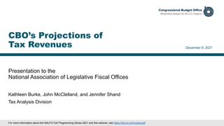 Presentation to the
National Association of Legislative Fiscal Offices
December 8, 2021
Kathleen Burke, John McClelland, and Jennifer Shand
Tax Analysis Division
CBO’s Projections of
Tax Revenues
For more information about the NALFO Fall Programming Series 2021 and this webinar, see https://tinyurl.com/yckwunj9.
 
