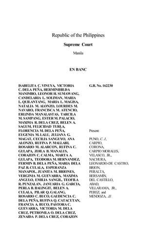 Republic of the Philippines
Supreme Court
Manila
EN BANC
ISABELITA C. VINUYA, VICTORIA G.R. No. 162230
C. DELA PEÑA, HERMINIHILDA
MANIMBO, LEONOR H. SUMAWANG,
CANDELARIA L. SOLIMAN, MARIA
L. QUILANTANG, MARIA L. MAGISA,
NATALIA M. ALONZO, LOURDES M.
NAVARO, FRANCISCA M. ATENCIO,
ERLINDA MANALASTAS, TARCILA
M. SAMPANG, ESTER M. PALACIO,
MAXIMA R. DELA CRUZ, BELEN A.
SAGUM, FELICIDAD TURLA,
FLORENCIA M. DELA PEÑA, Present:
EUGENIA M. LALU, JULIANA G.
MAGAT, CECILIA SANGUYO, ANA PUNO, C. J.,
ALONZO, RUFINA P. MALLARI, CARPIO,
ROSARIO M. ALARCON, RUFINA C. CORONA,
GULAPA, ZOILA B. MANALUS, CARPIO MORALES,
CORAZON C. CALMA, MARTA A. VELASCO, JR.,
GULAPA, TEODORA M. HERNANDEZ, NACHURA,
FERMIN B. DELA PEÑA, MARIA DELA LEONARDO-DE CASTRO,
PAZ B. CULALA, ESPERANZA BRION,
MANAPOL, JUANITA M. BRIONES, PERALTA,
VERGINIA M. GUEVARRA, MAXIMA BERSAMIN,
ANGULO, EMILIA SANGIL, TEOFILA DEL CASTILLO,
R. PUNZALAN, JANUARIA G. GARCIA, ABAD,
PERLA B. BALINGIT, BELEN A. VILLARAMA, JR.,
CULALA, PILAR Q. GALANG, PEREZ, and
ROSARIO C. BUCO, GAUDENCIA C. MENDOZA, JJ.
DELA PEÑA, RUFINA Q. CATACUTAN,
FRANCIA A. BUCO, PASTORA C.
GUEVARRA, VICTORIA M. DELA
CRUZ, PETRONILA O. DELA CRUZ,
ZENAIDA P. DELA CRUZ, CORAZON
 