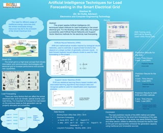 Artificial Intelligence Techniques for Load
Forecasting in the Smart Electrical Grid
Xiaohan Ni
(Dr. Sri Kolla, Advisor)
Electronics and Computer Engineering Technology
The need for efficient usage of
traditional energy resources and
the limited renewable energy
resources has led to the evolution
of the Smart Electrical Grid.
There are many factors that can affect the actual
electrical load, such as climate, special events, and
load timing. It is important to forecast the load based
on the previous loads so that generation can be
properly allocated and scheduled.
Load Forecasting
Data Source
• Bowling Green Utility Data: 2004 – 2015
• Short-term Forecasting:
• a. hourly: 2013 Jan 7 - 13 August 5-11
• b. daily : 2013 Jan 7 – 20 April 1 – 14 August 5 – 18
December 2 - 15
• Long-term Forecasting: Monthly, 2006 – 2015
Load t-1
Load t-2
Load t-3
Load t-4
Output
(Present
Load
Prediction)
A N N or
SVM
Prediction Results for both
SVM and ANN methods
Results
The load prediction results of the ANN method are better
than the SVM method for the short term forecasting of the data
considered. The results of this study may assist Bowling Green
and other electric utilities to effectively forecast the electric load
on the grid and appropriately schedule the generation capacity
using traditional and renewable sources.
Conclusion
X-axis : Time (Hours)
Y-axis : Load (MW)
Prediction Results for
the ANN
X-axis : Time (Hours)
Y-axis : Load (MW)
_ _ _ _ _
Prediction Results
Actual Load
_ _ _ _ _
Prediction Results (ANN)
Actual Load
_ _ _ _ _ Prediction Results (SVM)
The smart grid is a high level concept that infuses
Information and communication technologies with
electrical grid to increase performance and provide
new capabilities
Smart Grid
Abstract
This project applies Artificial Intelligence (AI)
techniques based methods for load forecasting in the smart
electrical grid. For the Bowling Green utility data, this project
successfully used Artificial Neural Networks and Support
Vector Machine methods for the electricity load forecasting.
ANN Training using
MATLAB for Bowling
Green Utility Hourly Data
Prediction Results for the
SVM
X-axis : Time (Hours)
Y-axis : Load (MW)
_ _ _ _ _
Prediction Results
Actual Load
Artificial Neural Networks (ANN)
ANN are mathematical models inspired by biological neural
networks, used to estimate or approximate functions that
depend on a large number of generally unknown inputs . A
feed forward layered neural network model is used for load
forecasting in this project.
Support Vector Machine (SVM)
SVM are statistical learning theory based models with
associated learning algorithms that analyze data and
recognize patterns used for classification and regression
analysis.
(From Abhisek Ukil ISBN 978-3-540-73169-6 Springer)
Oj =Tj (Sj )
Sj = Xi
i=1
n
å Wi
(From Abhisek Ukil ISBN 978-3-540-73169-6 Springer)
(From Home Power Magazine)
(From Hitachi Smart Grid Site)
ε is the insensitive
measure of error
 