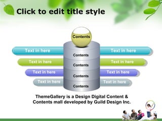 Click to edit title style Text in here Text in here Text in here Text in here Text in here Text in here Text in here Text in here Contents Contents Contents Contents Contents ThemeGallery is a Design Digital Content & Contents mall developed by Guild Design Inc. 