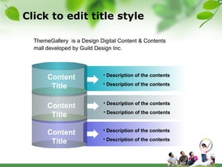 Click to edit title style Description of the contents Description of the contents Description of the contents Description of the contents Description of the contents Description of the contents ThemeGallery  is a Design Digital Content & Contents mall developed by Guild Design Inc. Content Title Content Title Content Title 