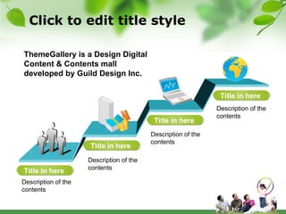 Click to edit title style Title in here ThemeGallery is a Design Digital Content & Contents mall developed by Guild Design Inc. Description of the contents Description of the contents Description of the contents Description of the contents Title in here Title in here Title in here 