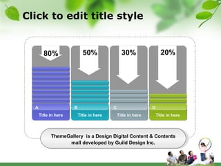Click to edit title style ThemeGallery  is a Design Digital Content & Contents mall developed by Guild Design Inc. 80% 50% 30% 20% Title in here Title in here Title in here Title in here A B C D 