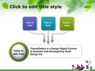 Click to edit title style Text in  here Text in  here Text in  here ThemeGallery is a Design Digital Content & Contents mall developed by Guild Design Inc. Click to add Text 