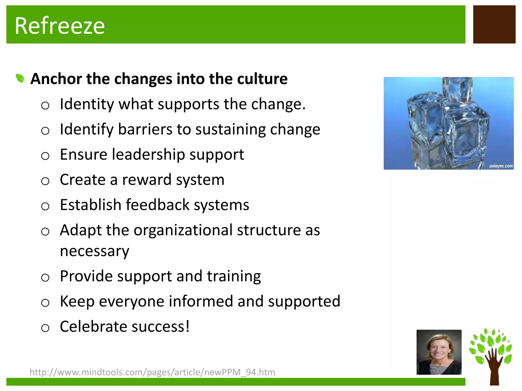 Refreeze
http://www.mindtools.com/pages/article/newPPM_94.htm
Anchor the changes into the culture
o Identity what supports the change.
o Identify barriers to sustaining change
o Ensure leadership support
o Create a reward system
o Establish feedback systems
o Adapt the organizational structure as
necessary
o Provide support and training
o Keep everyone informed and supported
o Celebrate success!
 