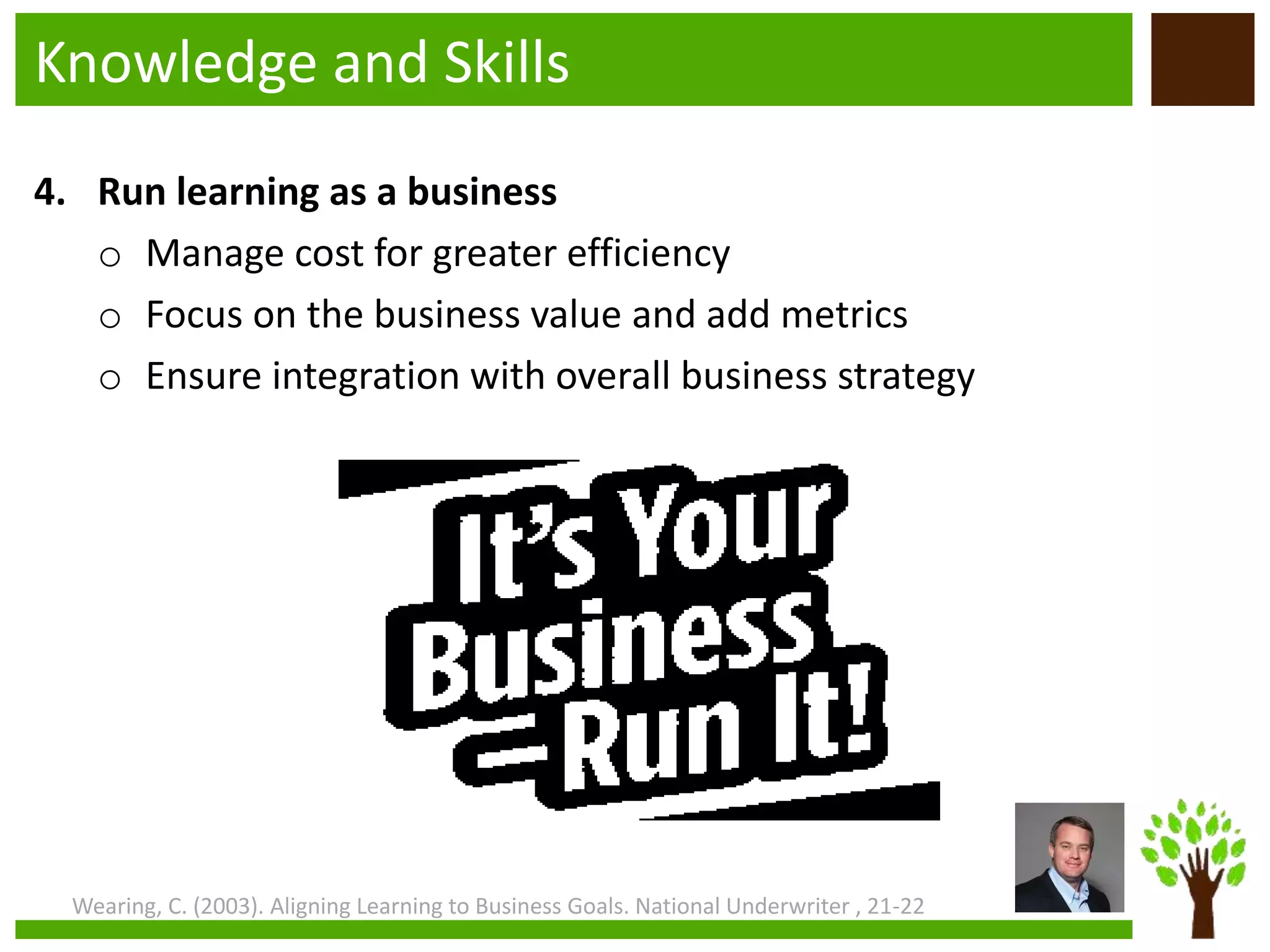 Knowledge and Skills
4. Run learning as a business
o Manage cost for greater efficiency
o Focus on the business value and add metrics
o Ensure integration with overall business strategy
Wearing, C. (2003). Aligning Learning to Business Goals. National Underwriter , 21-22
 