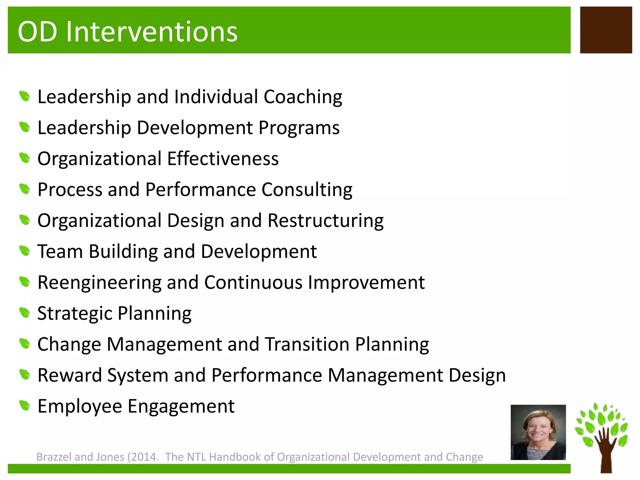 OD Interventions
Brazzel and Jones (2014. The NTL Handbook of Organizational Development and Change
Leadership and Individual Coaching
Leadership Development Programs
Organizational Effectiveness
Process and Performance Consulting
Organizational Design and Restructuring
Team Building and Development
Reengineering and Continuous Improvement
Strategic Planning
Change Management and Transition Planning
Reward System and Performance Management Design
Employee Engagement
 