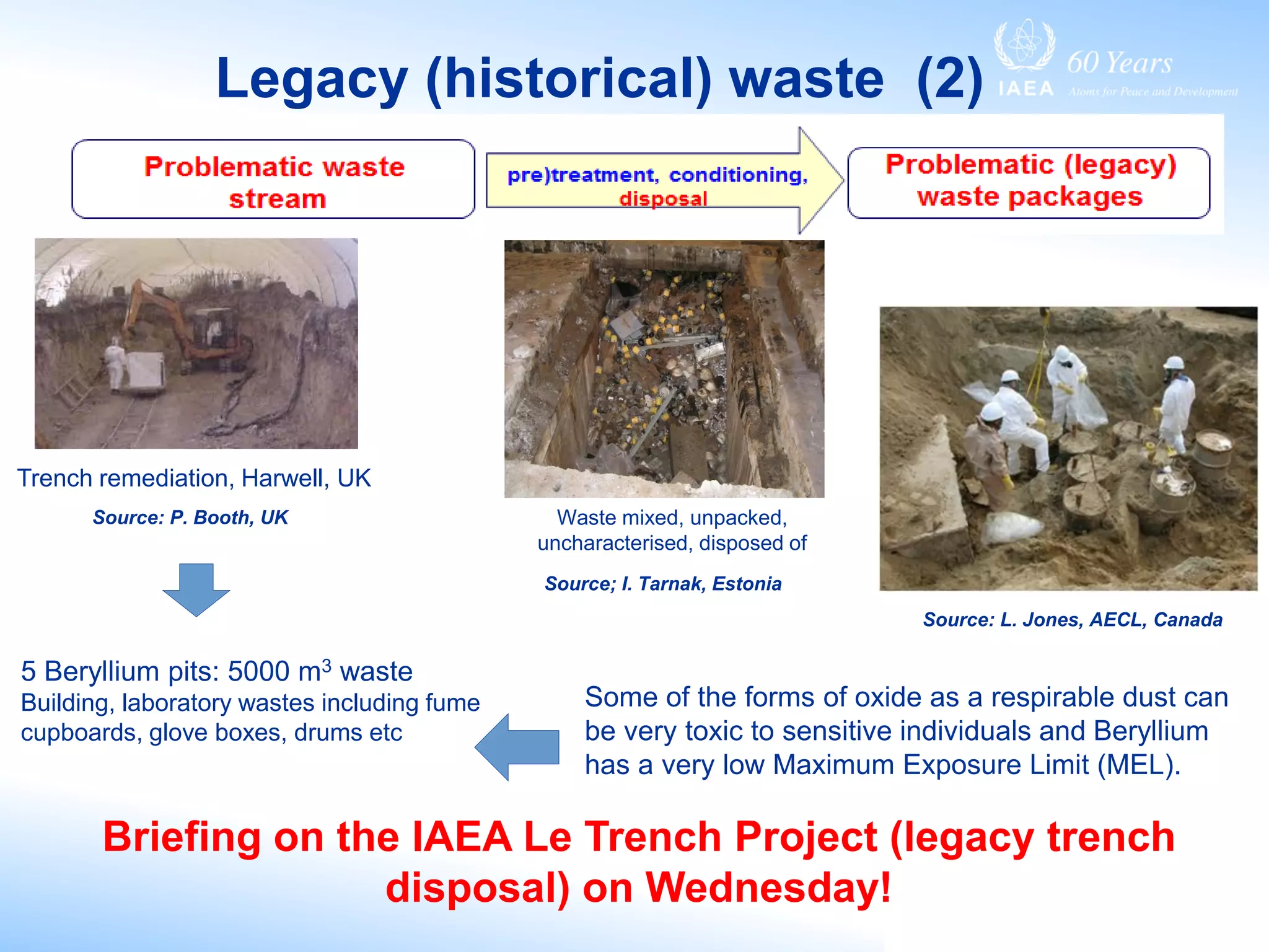 Legacy (historical) waste (2)
Source: L. Jones, AECL, Canada
Waste mixed, unpacked,
uncharacterised, disposed of
Source; I. Tarnak, Estonia
Briefing on the IAEA Le Trench Project (legacy trench
disposal) on Wednesday!
Trench remediation, Harwell, UK
Source: P. Booth, UK
5 Beryllium pits: 5000 m3 waste
Building, laboratory wastes including fume
cupboards, glove boxes, drums etc
Some of the forms of oxide as a respirable dust can
be very toxic to sensitive individuals and Beryllium
has a very low Maximum Exposure Limit (MEL).
 