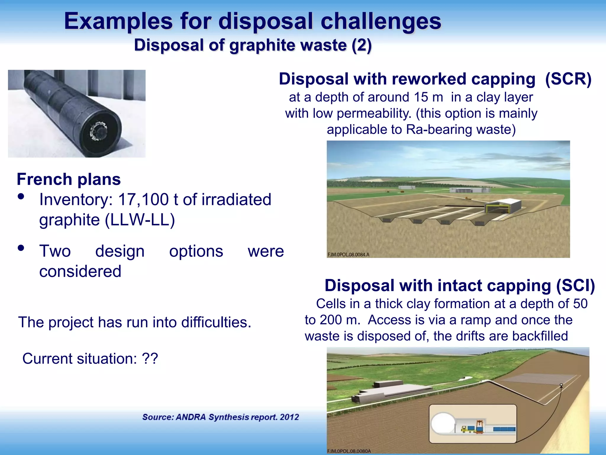 International Atomic Energy Agency
Examples for disposal challenges
Disposal of graphite waste (2)
French plans
• Inventory: 17,100 t of irradiated
graphite (LLW-LL)
• Two design options were
considered
Disposal with reworked capping (SCR)
at a depth of around 15 m in a clay layer
with low permeability. (this option is mainly
applicable to Ra-bearing waste)
Disposal with intact capping (SCI)
Cells in a thick clay formation at a depth of 50
to 200 m. Access is via a ramp and once the
waste is disposed of, the drifts are backfilled
The project has run into difficulties.
Current situation: ??
 