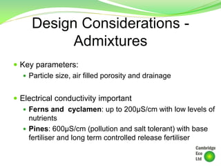 Design Considerations -
Admixtures
 Key parameters:
 Particle size, air filled porosity and drainage
 Electrical conductivity important
 Ferns and cyclamen: up to 200µS/cm with low levels of
nutrients
 Pines: 600µS/cm (pollution and salt tolerant) with base
fertiliser and long term controlled release fertiliser
 