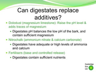 Can digestates replace
additives?
 Dolodust (magnesium limestone): Raise the pH level &
adds traces of magnesium
 Digestates pH balances the low pH of the bark, and
contain sufficient magnesium
 Nitrochalk (ammonium nitrate & calcium carbonate)
 Digestates have adequate or high levels of ammonia
and calcium
 Fertilisers (base and controlled release)
 Digestates contain sufficient nutrients
 