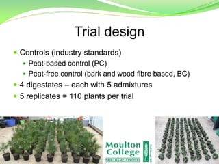 Trial design
 Controls (industry standards)
 Peat-based control (PC)
 Peat-free control (bark and wood fibre based, BC)
 4 digestates – each with 5 admixtures
 5 replicates = 110 plants per trial
 