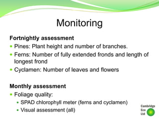 Monitoring
Fortnightly assessment
 Pines: Plant height and number of branches.
 Ferns: Number of fully extended fronds and length of
longest frond
 Cyclamen: Number of leaves and flowers
Monthly assessment
 Foliage quality:
 SPAD chlorophyll meter (ferns and cyclamen)
 Visual assessment (all)
 