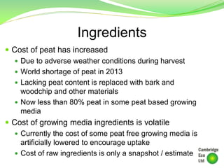 Ingredients
 Cost of peat has increased
 Due to adverse weather conditions during harvest
 World shortage of peat in 2013
 Lacking peat content is replaced with bark and
woodchip and other materials
 Now less than 80% peat in some peat based growing
media
 Cost of growing media ingredients is volatile
 Currently the cost of some peat free growing media is
artificially lowered to encourage uptake
 Cost of raw ingredients is only a snapshot / estimate
 