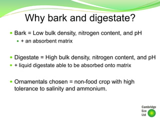 Why bark and digestate?
 Bark = Low bulk density, nitrogen content, and pH
 + an absorbent matrix
 Digestate = High bulk density, nitrogen content, and pH
 + liquid digestate able to be absorbed onto matrix
 Ornamentals chosen = non-food crop with high
tolerance to salinity and ammonium.
 