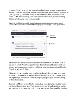 text data, LLMs have a broad range of applications across various domains.
Today, LLMs are employed for machine translation, generation of novel texts
(see Figure 1.2), sentiment analysis, text summarization, and many other
tasks. LLMs have recently been used for content creation, such as writing
fiction, articles, and even computer code.
Figure 1.2 LLM interfaces enable natural language communication between users and AI
systems. This screenshot shows ChatGPT writing a poem according to a user's specifications.
LLMs can also power sophisticated chatbots and virtual assistants, such as
OpenAI's ChatGPT or Google's Gemini (formerly called Bard), which can
answer user queries and augment traditional search engines such as Google
Search or Microsoft Bing.
Moreover, LLMs may be used for effective knowledge retrieval from vast
volumes of text in specialized areas such as medicine or law. This includes
sifting through documents, summarizing lengthy passages, and answering
technical questions.
In short, LLMs are invaluable for automating almost any task that involves
parsing and generating text. Their applications are virtually endless, and as
we continue to innovate and explore new ways to use these models, it's clear
 