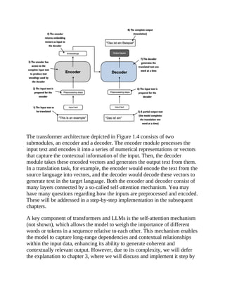 The transformer architecture depicted in Figure 1.4 consists of two
submodules, an encoder and a decoder. The encoder module processes the
input text and encodes it into a series of numerical representations or vectors
that capture the contextual information of the input. Then, the decoder
module takes these encoded vectors and generates the output text from them.
In a translation task, for example, the encoder would encode the text from the
source language into vectors, and the decoder would decode these vectors to
generate text in the target language. Both the encoder and decoder consist of
many layers connected by a so-called self-attention mechanism. You may
have many questions regarding how the inputs are preprocessed and encoded.
These will be addressed in a step-by-step implementation in the subsequent
chapters.
A key component of transformers and LLMs is the self-attention mechanism
(not shown), which allows the model to weigh the importance of different
words or tokens in a sequence relative to each other. This mechanism enables
the model to capture long-range dependencies and contextual relationships
within the input data, enhancing its ability to generate coherent and
contextually relevant output. However, due to its complexity, we will defer
the explanation to chapter 3, where we will discuss and implement it step by
 