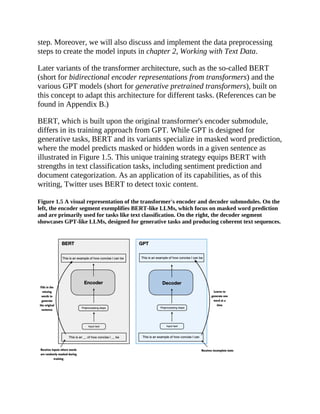 step. Moreover, we will also discuss and implement the data preprocessing
steps to create the model inputs in chapter 2, Working with Text Data.
Later variants of the transformer architecture, such as the so-called BERT
(short for bidirectional encoder representations from transformers) and the
various GPT models (short for generative pretrained transformers), built on
this concept to adapt this architecture for different tasks. (References can be
found in Appendix B.)
BERT, which is built upon the original transformer's encoder submodule,
differs in its training approach from GPT. While GPT is designed for
generative tasks, BERT and its variants specialize in masked word prediction,
where the model predicts masked or hidden words in a given sentence as
illustrated in Figure 1.5. This unique training strategy equips BERT with
strengths in text classification tasks, including sentiment prediction and
document categorization. As an application of its capabilities, as of this
writing, Twitter uses BERT to detect toxic content.
Figure 1.5 A visual representation of the transformer's encoder and decoder submodules. On the
left, the encoder segment exemplifies BERT-like LLMs, which focus on masked word prediction
and are primarily used for tasks like text classification. On the right, the decoder segment
showcases GPT-like LLMs, designed for generative tasks and producing coherent text sequences.
 