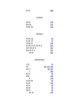 35:21, 286
Leviticus
19:32, 244
26:3–6, 141
27:30, 32, 138
Numbers
10:35, 36, 39
11:16, 17, 37
13:30, 31 149
21:16; 21:17, 18, R. V. 162
23:7–23, R. V. 161
24:4–6, R. V. 161
16–19 161
Deuteronomy
1:15 37
4:6 40, 174, 229
6:6, 7 40, 187
7 186
8:2, 5 39
10:8 148
9 149
11:22–25 48
12:19 149
23:14 38
26:19 40
28:10 40
20, 32 143
 