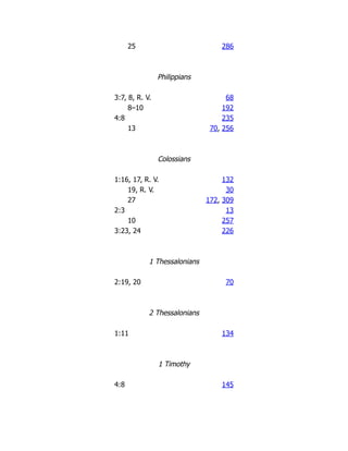 25 286
Philippians
3:7, 8, R. V. 68
8–10 192
4:8 235
13 70, 256
Colossians
1:16, 17, R. V. 132
19, R. V. 30
27 172, 309
2:3 13
10 257
3:23, 24 226
1 Thessalonians
2:19, 20 70
2 Thessalonians
1:11 134
1 Timothy
4:8 145
 