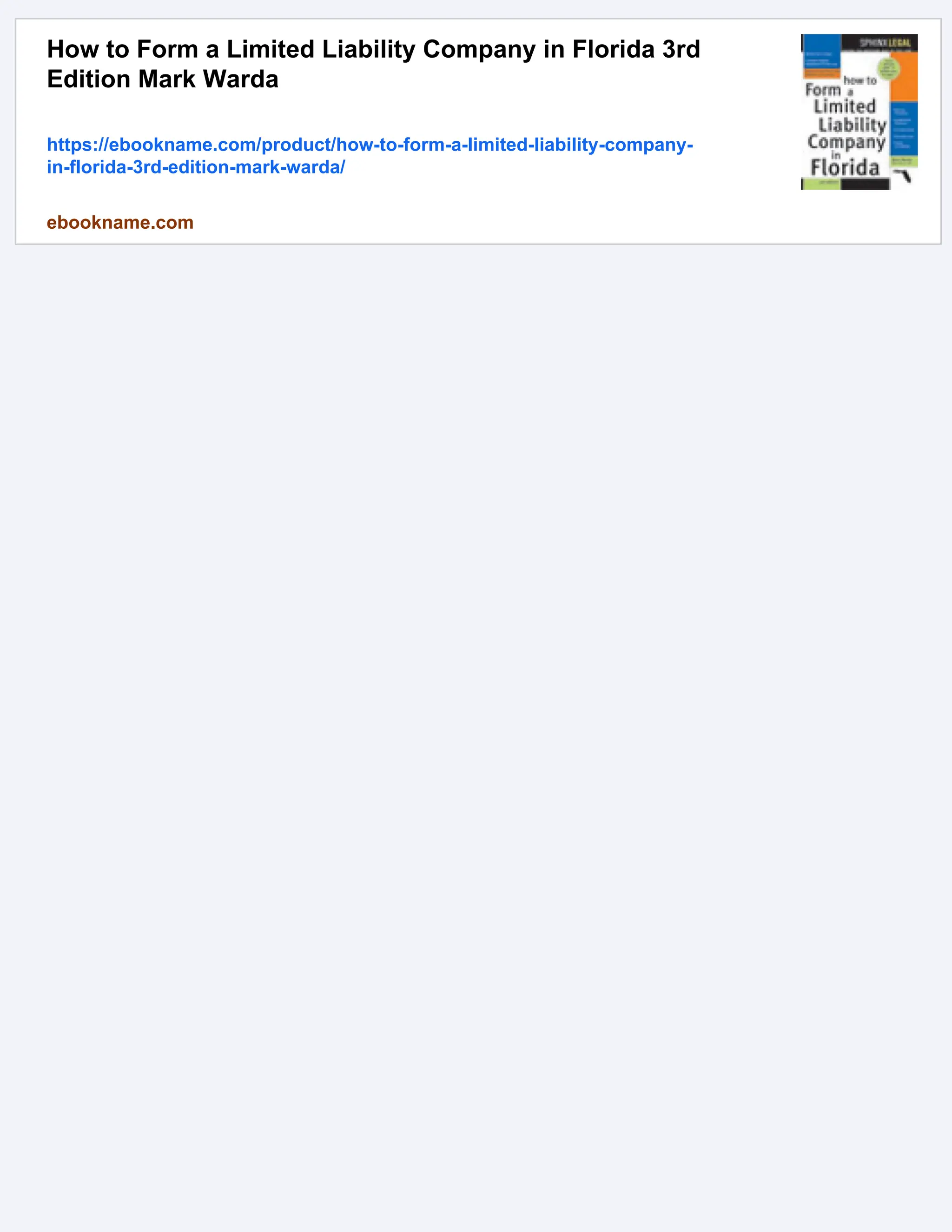 How to Form a Limited Liability Company in Florida 3rd
Edition Mark Warda
https://ebookname.com/product/how-to-form-a-limited-liability-company-
in-florida-3rd-edition-mark-warda/
ebookname.com
 