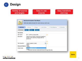 Design
7
1
Demo
Variety of source
and targets
Easy to use
wizards
Easy transform
and map
 