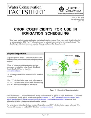 Page 1 of 1
Water Conservation
Order No. 577.100-5
Revised October 2001
Agdex 561
CROP COEFFICIENTS FOR USE IN
IRRIGATION SCHEDULING
Crop water use information can be used to schedule irrigation systems. Crop water use is directly related to
evapotranspiration (ET). The ET information must be adjusted to correspond to the crop and climate. This
factsheet provides information on selecting the crop coefficient that should be used.
Evapotranspiration
Evapotranspiration (ET) is a combination of the water
evaporated from the soil surface and transpired through
the plant.
ET can be measured using evaporation pans and
atmometers or calculated using climate data. Local
climate data for BC can be found on
www.farmwest.com.
The following nomenclature is often used for reference
ET data:
ETo - ET calculated using grass as the reference crop
ETr - ET calculated using alfalfa as the reference crop
ETp - ET measured from a pan or atmometer
Figure 1 Elements of Evapotranspiration
Once the reference ET has been determined, a crop coefficient must be applied to adjust the reference ET value for
local conditions and the type of crop being irrigated. Factsheets 577.100-3 Sprinkler Scheduling Using a Water
Budget Method and 577.100-4 Trickle Irrigation Scheduling Using Evapotranspiration Data provide more
information on using ET data to schedule irrigation systems.
The tables shown in this factsheet use crop coefficients for use with ET calculated using a grass reference, ETo.
These coefficients can be used with ET data from www.farmwest.com.
 