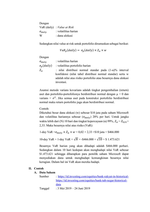 MAKALAH - PENGUKURAN VALUE AT RISK PORTOFOLIO SAHAM PADA BANK RAKYAT ...