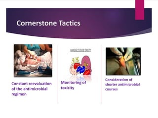 Cornerstone Tactics
Constant reevaluation
of the antimicrobial
regimen
Monitoring of
toxicity
Consideration of
shorter antimicrobial
courses
 