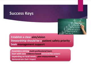 Success Keys
Establish a clear aim/vision
Stewardship should be a patient safety priority.
Seek management support
Assemble a strong multi-professional team
Start with core evidence-based stewardship actions
depending on local needs, plan measurement to
demonstrate their impact
 