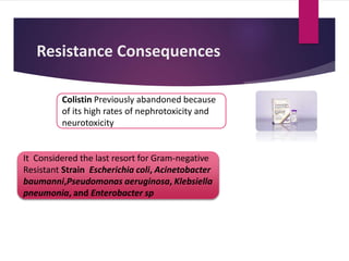 Resistance Consequences
Colistin Previously abandoned because
of its high rates of nephrotoxicity and
neurotoxicity
It Considered the last resort for Gram-negative
Resistant Strain Escherichia coli, Acinetobacter
baumanni,Pseudomonas aeruginosa, Klebsiella
pneumonia, and Enterobacter sp
 