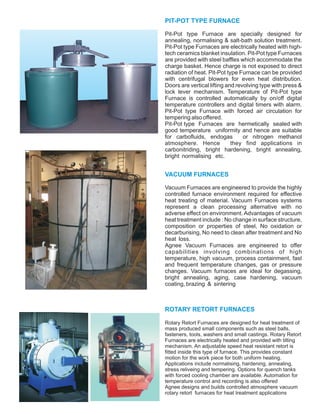 PIT-POT TYPE FURNACE
VACUUM FURNACES
ROTARY RETORT FURNACES
Pit-Pot type Furnace are specially designed for
annealing, normalising & salt-bath solution treatment.
Pit-Pot type Furnaces are electrically heated with high-
tech ceramics blanket insulation. Pit-Pot type Furnaces
are provided with steel baffles which accommodate the
charge basket. Hence charge is not exposed to direct
radiation of heat. Pit-Pot type Furnace can be provided
with centrifugal blowers for even heat distribution.
Doors are vertical lifting and revolving type with press &
lock lever mechanism. Temperature of Pit-Pot type
Furnace is controlled automatically by on/off digital
temperature controllers and digital timers with alarm.
Pit-Pot type Furnace with forced air circulation for
tempering also offered.
Pit-Pot type Furnaces are hermetically sealed with
good temperature uniformity and hence are suitable
for carbofluids, endogas or nitrogen methanol
atmosphere. Hence they find applications in
carbonitriding, bright hardening, bright annealing,
bright normalising etc.
Vacuum Furnaces are engineered to provide the highly
controlled furnace environment required for effective
heat treating of material. Vacuum Furnaces systems
represent a clean processing alternative with no
adverse effect on environment. Advantages of vacuum
heat treatment include : No change in surface structure,
composition or properties of steel, No oxidation or
decarburising, No need to clean after treatment and No
heat loss.
Agnee Vacuum Furnaces are engineered to offer
capabilities involving combinations of high
temperature, high vacuum, process containment, fast
and frequent temperature changes, gas or pressure
changes. Vacuum furnaces are ideal for degassing,
bright annealing, aging, case hardening, vacuum
coating, brazing & sintering
Rotary Retort Furnaces are designed for heat treatment of
mass produced small components such as steel balls,
fasteners, tools, washers and small castings. Rotary Retort
Furnaces are electrically heated and provided with tilting
mechanism. An adjustable speed heat resistant retort is
fitted inside this type of furnace. This provides constant
motion for the work piece for both uniform heating.
Applications include normalising, hardening, annealing,
stress reliveing and tempering. Options for quench tanks
with forced cooling chamber are available. Automation for
temperature control and recording is also offered
Agnee designs and builds controlled atmosphere vacuum
rotary retort furnaces for heat treatment applications
 