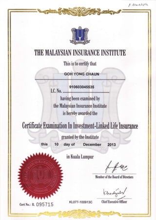 f, fid-^-a'taola
ffiTIIE UIATAYSIAN INSURANCE INSTITUTE
This is to certifr that
GOH YONG CHAUN
91 0603045535
I.C. No.
having been examined by
the Malaysian Insuranee In$itute
is hereby awarded the
{fu'Member of the Board of Directors
'
t,n/
wKLorr -1aoe1 3c
-
Ciii;lr"r;tt 6=ffi;
Certificate ilxamination In Investment-linked tife Insurance
granted by the Institute
this 10 day of December Z0ll
in Kuala Lumpur
Cert No.: It 0 9 5 71 5
 