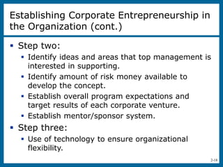 2-18
 Step two:
 Identify ideas and areas that top management is
interested in supporting.
 Identify amount of risk money available to
develop the concept.
 Establish overall program expectations and
target results of each corporate venture.
 Establish mentor/sponsor system.
 Step three:
 Use of technology to ensure organizational
flexibility.
Establishing Corporate Entrepreneurship in
the Organization (cont.)
 