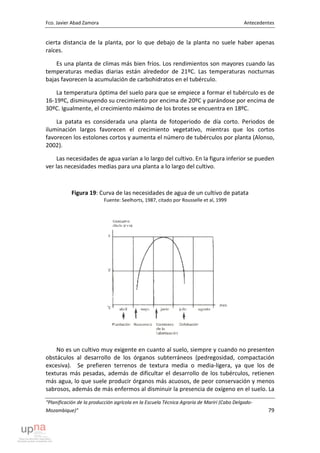 Fco. Javier Abad Zamora Antecedentes
“Planificación de la producción agrícola en la Escuela Técnica Agraria de Mariri (Cabo Delgado-
Mozambique)” 79
cierta distancia de la planta, por lo que debajo de la planta no suele haber apenas
raíces.
Es una planta de climas más bien fríos. Los rendimientos son mayores cuando las
temperaturas medias diarias están alrededor de 21ºC. Las temperaturas nocturnas
bajas favorecen la acumulación de carbohidratos en el tubérculo.
La temperatura óptima del suelo para que se empiece a formar el tubérculo es de
16-19ºC, disminuyendo su crecimiento por encima de 20ºC y parándose por encima de
30ºC. Igualmente, el crecimiento máximo de los brotes se encuentra en 18ºC.
La patata es considerada una planta de fotoperiodo de día corto. Periodos de
iluminación largos favorecen el crecimiento vegetativo, mientras que los cortos
favorecen los estolones cortos y aumenta el número de tubérculos por planta (Alonso,
2002).
Las necesidades de agua varían a lo largo del cultivo. En la figura inferior se pueden
ver las necesidades medias para una planta a lo largo del cultivo.
Figura 19: Curva de las necesidades de agua de un cultivo de patata
Fuente: Seelhorts, 1987, citado por Rousselle et al, 1999
No es un cultivo muy exigente en cuanto al suelo, siempre y cuando no presenten
obstáculos al desarrollo de los órganos subterráneos (pedregosidad, compactación
excesiva). Se prefieren terrenos de textura media o media-ligera, ya que los de
texturas más pesadas, además de dificultar el desarrollo de los tubérculos, retienen
más agua, lo que suele producir órganos más acuosos, de peor conservación y menos
sabrosos, además de más enfermos al disminuir la presencia de oxígeno en el suelo. La
 