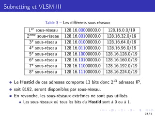 Subnetting et VLSM III
Table 3 – Les diﬀérents sous-réseaux
1er sous-réseau 128.16.00000000.0 128.16.0.0/19
2eme sous-réseau 128.16.00100000.0 128.16.32.0/19
3e sous-réseau 128.16.01000000.0 128.16.64.0/19
4e sous-réseau 128.16.01100000.0 128.16.96.0/19
5e sous-réseau 128.16.10000000.0 128.16.128.0/19
6e sous-réseau 128.16.10100000.0 128.16.160.0/19
7e sous-réseau 128.16.11000000.0 128.16.192.0/19
8e sous-réseau 128.16.11100000.0 128.16.224.0/19
Le Hostid de ces adresses comporte 13 bits donc 213 adresses IP,
soit 8192, seront disponibles par sous-réseau.
En revanche, les sous-réseaux extrêmes ne sont pas utilisés
Les sous-réseaux où tous les bits du Hostid sont à 0 ou à 1.
23 / 1
 