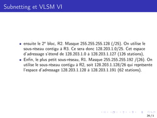 Subnetting et VLSM VI
ensuite le 2e
bloc, R2. Masque 255.255.255.128 (/25). On utilise le
sous-réseau contigu à R3. Ce sera donc 128.203.1.0/25. Cet espace
d’adressage s’étend de 128.203.1.0 à 128.203.1.127 (126 stations),
Enfin, le plus petit sous-réseau, R1. Masque 255.255.255.192 /(26). On
utilise le sous-réseau contigu à R2, soit 128.203.1.128/26 qui représente
l’espace d’adressage 128.203.1.128 à 128.203.1.191 (62 stations).
26 / 1
 