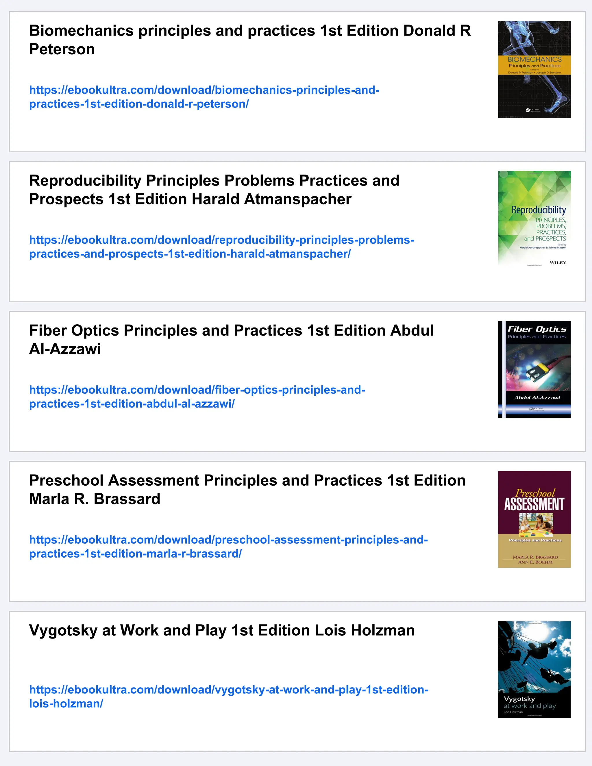 Biomechanics principles and practices 1st Edition Donald R
Peterson
https://ebookultra.com/download/biomechanics-principles-and-
practices-1st-edition-donald-r-peterson/
Reproducibility Principles Problems Practices and
Prospects 1st Edition Harald Atmanspacher
https://ebookultra.com/download/reproducibility-principles-problems-
practices-and-prospects-1st-edition-harald-atmanspacher/
Fiber Optics Principles and Practices 1st Edition Abdul
Al-Azzawi
https://ebookultra.com/download/fiber-optics-principles-and-
practices-1st-edition-abdul-al-azzawi/
Preschool Assessment Principles and Practices 1st Edition
Marla R. Brassard
https://ebookultra.com/download/preschool-assessment-principles-and-
practices-1st-edition-marla-r-brassard/
Vygotsky at Work and Play 1st Edition Lois Holzman
https://ebookultra.com/download/vygotsky-at-work-and-play-1st-edition-
lois-holzman/
 