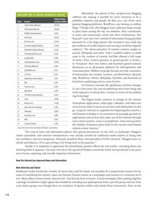 Meanwhile, the advent of free, simple-to-use blogging
       Nielsen Top 25 News Websites (2010)
                                                                         software was making it possible for every American to be a
        	          	Unique Visitors
        Rank	Domain 	Annually (000s)                                     publisher, reporter, and pundit. By May 2011, one of the most
        1	Yahoo! News Websites	                                  40,459  popular blogging platforms, WordPress, was hosting 20 million
                                                                         blogs.10 Though only a few bloggers have audiences large enough
        2	        CNN Digital Network	                           35,658
                                                                         to place them among the top 100 websites, their contribution
        3	MSNBC Digital Network	                                 31,951
                                                                         to news and commentary online has been revolutionary. The
        4	AOL News	                                              20,821
                                                                        “long tail” came into view: instead of information being provided
        5 	NYTimes.com	                                          15,948  primarily by a few large players, the ecosystem now could sup-
        6	        Fox News Digital Network	                      15,502  port millions of smaller players each serving a small but targeted
        7 	ABCNEWS Digital Network	                              13,251  audience.11 The democratization of content creation caught on
        8	        TheHuffingtonPost.com	                         11,510  quickly. Wikipedia and other “wikis” enabled readers to collab-
                                                                         orate in the creation of content; YouTube allowed a full range
        9	        Google News	                                   11,382
                                                                         of users—from creative geniuses to proud parents to freaks—
        10 	      washingtonpost.com	                            10,095
                                                                         to “broadcast” their own videos; and Facebook gained national
        11 	      CBS News Network	                              9,947
                                                                         dominance as an all-purpose platform for self-expression and
        12 	      USATODAY.com	                                  9,147   communication. Millions of people became not only consumers
        13 	LA Times	                                            8,314   of information but creators, curators, and distributors. Remark-
        14 	Daily News Online Edition	                           7,247   ably, WordPress, Twitter, Wikipedia, YouTube, and Facebook of-
        15 	      BBC	                                           6,519   fered these publishing tools to users for free.
                                                                                   It is hard to overstate the significance of these changes.
        16 	      Examiner.com	                                  6,242
                                                                         In just a few years, the cost of publishing went from being rela-
        17 	      Bing News	                                     4,855
                                                                         tively expensive to almost free—at least in terms of the publish-
        18 	      The Slate Group Websites	                      4,526
                                                                         ing technology.12
        19 	      Topix	                                         4,409             The digital world continues to change by the minute.
        20 	      Boston.com	                                     4,336  Smartphone applications, tablet apps, e-Readers, and other new
        21 	New York Post Holdings	                              4,314   services now make it easy to access news and information on-the-
        22 	      Telegraph	                                     4,044   go, using the Internet as a pipeline but bypassing the need for a
                                                                         web browser to display it. As consumers increasingly gravitate to
        23 	      Guardian.co.uk	                                3,885
                                                                         applications and services that make use of the Internet through
        24 	NPR	                                                 3,835
                                                                         more closed systems, such as smartphones, some even question
        25 	      Chicago Tribune	                               3,785
                                                                         the viability of business plans built on the current search-based,
        Source: Pew State of the News Media 2011 Report, citing Nielsen  website-centric Internet.13
                   The crop of news and information players who gained prominence on the web 2.0 landscape—bloggers,
      citizen journalists, and Internet entrepreneurs—was initially mocked by traditional media leaders as being infe-
      rior, worthless, and even dangerous. Famously, Jonathan Klein, then-president of CNN, declared, “Bloggers have no
      checks and balances. [It’s] a guy sitting in his living room in his pajamas.”14
                   Hardly. It is important to appreciate the extraordinary positive effects the new media—including those con-
      tributing while in pajamas—has had, not only in the spread of freedom around the world, but specifically in the provi-
      sion of news, reporting, and civically important information.

      How the Internet has Improved News and Information

      More Diversity and Choice
      Traditional media limited the number of voices that could be heard, not (usually) for conspiratorial reasons but be-
      cause of something less sinister: space was limited. Column inches in a newspaper and minutes in a newscast are fi-
      nite. Many editors choose wisely, some do not—but they do have to choose. A local newspaper editor putting together
      a package on abortion might appear fair-minded by including one spokesperson from a pro-life group and one from
      a pro-choice group, even though there are variations of opinion within and outside those movements. Now, on the


118
 