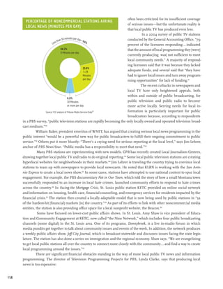 often been criticized for its insufficient coverage
        Percentage of Noncommercial Stations Airing
                                                                                  of serious issues—but the unfortunate reality is
        Local News (Minutes per Day)
                                                                                  that local public TV has produced even less.
                                                                                            In a 2004 survey of public TV stations
                                     an 30 minutes per day—                       conducted by the General Accounting Office, “79
                                 s th                          94%
                              Les                                                 percent of the licensees responding...indicated
                                       68.2%                                      that the amount of local programming they [were]
                                       0 Minutes per day
                                                                                  currently produc[ing was] not sufficient to meet
                                                                                  local community needs.” A majority of respond-
                                                                                  ing licensees said that it was because they lacked
                                                                25.8%
                                                                1–29
                                                                                  adequate funds, and several said that “they have
                                                                Minutes           had to ignore local issues and turn away program-
                                                                per day           ming opportunities” for lack of funding.99
                                                                                            The recent cutbacks in newspapers and
                                                                                  local TV have only heightened appeals, both
                                                                                  within and outside of public broadcasting, for
                                               6.0%
                                               30 Minutes                         public television and public radio to become
                                               or more per day                    more active locally. Serving needs for local in-
                       Source: FCC analysis of Tribune Media Services Data97      formation is particularly important for public
                                                                                  broadcasters because, according to respondents
      in a PBS survey, “public television stations are rapidly becoming the only locally owned and operated television broad-
      cast medium.”100
                William Baker, president emeritus of WNET, has argued that creating serious local news programming in the
      public interest “would be a powerful new way for public broadcasters to fulfill their ongoing commitment to public
      service.”101 Others put it more bluntly: “There’s a crying need for serious reporting at the local level,” says Jim Lehrer,
      anchor of PBS NewsHour. “Public media has a responsibility to meet that need.”102
                 Many PBS stations are experimenting with new models. CPB has recently created Local Journalism Centers,
      drawing together local public TV and radio to do original reporting.103 Some local public television stations are creating
      hyperlocal websites for neighborhoods in their markets.104 Jim Lehrer is traveling the country trying to convince local
      stations to team up with newspapers to provide local newscasts. He noted that KLRN is working with the San Anto-
      nio Express to create a local news show.105 In some cases, stations have attempted to use national content to spur local
      engagement. For example, the PBS documentary Not in Our Town, which told the story of how a small Montana town
      successfully responded to an increase in local hate crimes, launched community efforts to respond to hate crimes
      across the country.106 In Facing the Mortgage Crisis, St. Louis public station KETC provided an online social network
      and information on housing, health care, financial counseling, and emergency services for residents impacted by the
      financial crisis.107 The station then created a locally adaptable model that is now being used by public stations in “32
      of the hardest-hit [financial] markets [in] the country.”108 As part of its efforts to link with other noncommercial media
      entities, the station is also providing office space for a local nonprofit website, the Beacon.109
                 Some have focused on lower-cost public affairs shows. In St. Louis, Amy Shaw is vice president of Educa-
      tion and Community Engagement at KETC, now called “the Nine Network,” which includes four public broadcasting
      channels (some digital) in the St. Louis area. One of its programs, Donnybrook, is a live in-studio forum in which
      media pundits get together to talk about community issues and events of the week. In addition, the network produces
      a weekly public affairs show, Jeff City Journal, which is broadcast statewide and discusses issues facing the state legis-
      lature. The station has also done a series on immigration and the regional economy. Shaw says, “We are evangelizing
      to get local public stations all over the country to connect more closely with the community...and find a way to create
      local programming around the issues.”110
                There are significant financial obstacles standing in the way of more local public TV news and information
      programming. The director of Television Programming Projects for PBS, Lynda Clarke, says that producing local
      news is too expensive:


158
 