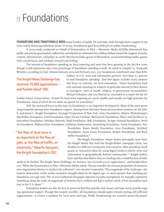 13    Foundations

      Foundations have traditionally been major funders of public TV and radio, both through direct support to sta-
       tions and by financing individual shows. In 2009, foundations gave $203,868,960 to public broadcasting.1
                A 2009 study conducted on behalf of Grantmakers in Film + Electronic Media (GFEM) determined that
       public and private grantmakers collectively contributed an estimated three billion dollars toward the support of media
       content, infrastructure, and policy in 2008.2 But that includes grants to filmmakers, social-networking media, games
       with a social focus, and scholarly research and writing.3
                The amount of foundation spending on local reporting and news has been growing in the last few years,
       though it still represents only a tiny percentage of foundation spending overall. As noted in Chapter 12, Nonprofit
       Websites, according to J-Lab, between January 2005 and February 2011, 272 foundations contributed more than $180
                                                      million4 to U.S. news and information projects—less than 0.1 percent
       The Knight News Challenge has                  of total foundation spending.5 And that figure includes many projects
                                                      that focus on national, not local journalism.6 “Some foundations fund
       received 10,000 applications—
                                                      only national reporting on subjects of particular interest to their donors
       and funded about 100.                          or managers—such as health, religion, or government accountability,”
                                                      Michael Schudson and Len Downie Jr. concluded in a report for the Co-
       lumbia School of Journalism. “Grants for local news reporting are much smaller and usually not high priorities for
       foundations, many of which do not make any grants for journalism.”7
                Still, the increased focus on this topic by foundations is an important development. Many of the most prom-
       ising nonprofit startups have foundation support. Among those that have financed journalism projects are the John
       S. and James L. Knight Foundation, Carnegie Corporation of New York, Gates Foundation, Atlantic Philanthropies,
       MacArthur Foundation, Ford Foundation, Open Society Institute, McCormick Foundation, Ethics and Excellence in
       Journalism Foundation, Omidyar Network, Skoll Foundation, Belo Foundation, Scripps Howard Foundation, Hewl-
       ett Foundation, William Penn Foundation, California Endowment, Annenberg Foundation, Irvine Foundation, Pew
                                                       Foundation, Kaiser Family Foundation, Arca Foundation, Herblock
      “The flow of local news is                       Foundation, Annie Casey Foundation, Benton Foundation, and Rock-
                                                       efeller Foundation.8
       as important as the flow of                               The Knight Foundation, whose money principally came from
       jobs, or the flow of traffic, or                the Knight family that built the Knight-Ridder newspaper chain, has
       electricity,” Alberto Ibarguen,                 funded 200 different community news projects, often providing9 small
                                                       grants to “innovative ideas for using digital media to deliver news and
       the Knight Foundation’s CEO.                    information to geographically defined communities.”10 Knight leaders
                                                       have said that they believe they are funding only a small fraction of what
       needs to be funded. The Knight News Challenge, for instance, has received 10,000 applications—and funded about
       100.11 When the Grantmakers in Film + Electronic Media asked, “Do you consider the amount/proportion of resources
       your organization devotes to media to be sufficient?” one executive responded, “The magnitude of the challenge—the
      ‘creative destruction’ of the media ecosystem brought about by the digital age—is much greater than anything one
       foundation can cope with. The 10,000 traditional newspaper reporters recently unemployed, for example, represents
       something along the order of magnitude of between $300 million and $400 million worth of lost journalism each
       year in the U.S. alone.”12
                Foundation leaders are also the first to point out that they provide seed money and hope not to provide ongo-
       ing operational support. Though this sounds sensible—all foundations should aspire toward creating self-sufficient
       organizations—it creates a problem for local news start-ups. Public broadcasting can combine project-by-project

192
 