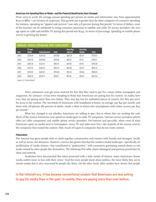 Americans Are Spending More on Media—and the Financial Beneficiaries Have Changed
      From 2003 to 2008, the average annual spending per person on media and information rose from approximately
      $740 to $88211—an increase of 19 percent. This growth rate is greater than for other categories of consumer spending;
      for instance, spending on “apparel and services” rose only 9.8 percent during that period.12 In terms of dollars, most
      of the increase can be attributed to rising consumer payments to satellite and cable TV service providers: the aver-
      age spent on cable and satellite TV during this period was $294. In terms of percentage, spending on mobile phone
      service is growing the fastest.



       Annual Media Spending Per Consumer 13
       	     TV and 	 		Pure Play	Pure Play
       Year	Radio 	Entertainment 	Print	 Internet 	 Mobile	                      Total
       2003	          $234.65	        $244.20	   $193.89	   $60.39 	   $4.54	    $737.67

       2004 	         $257.58	        $249.89	   $193.85	   $60.31	    $7.54 	   $769.17

       2005	          $283.24	        $234.41	   $195.75	   $57.88 	   $9.59	    $780.87

       2006	          $313.34	        $240.27	   $193.25	   $54.06	    $12.33	   $813.25

       2007 	         $339.67	        $241.67	   $195.69	   $55.45	    $15.66	   $848.14

       2008 	         $366.72	        $239.75	   $189.17	   $57.46	    $18.55	   $871.65
                                 13
       Source: U.S. Census Bureau




               Since consumers now get some material for free that they used to pay for—many online newspapers and
      magazines, for instance—it has been tempting to think that Americans are paying less for content. In reality, how-
      ever, they are paying more than ever before. They may pay less for individual pieces of content, but they pay more
      for access to the content. The two-thirds of Americans with broadband at home, on average, pay $41 per month, and
      those with cell phones (86 percent of adults, nearly a third of whom own smartphones with online access) pay $92
      per month.14
               What has changed is not whether Americans are willing to pay—but to whom they are sending the cash.
      Much of the money Americans now spend on media goes to cable TV companies; Internet service providers (which
      often are cable companies); and mobile phone service providers. Pre-Internet and pre-cable, when most of what
      Americans spent on media went to newspapers—since TV and radio were free—the majority of the money went to
      the companies that created the content. Now, much of it goes to companies that do not create content.

      Polarization
      The Internet has given people tools to stitch together communities and connect with friends and strangers, locally
      as well as across vast distances. However, concern has grown that that the modern media landscape—specifically, its
      proliferation of media choices—has contributed to “polarization,” with consumers gravitating toward shows or net-
      works viewed by other people like themselves. The following Pew table charts ideological and partisan proclivities by
      show and network.
                Academics have documented that when presented with a wide variety of choices, many Americans choose
      media outlets more in line with their views.15 And the more people know about politics, the more likely they are to
      choose media that is also consumed by people like them. On the other hand, other studies have shown that people



      In the Internet era, it has become conventional wisdom that Americans are less willing
      to pay for media than in the past. In reality, they are paying more than ever before.



228
 