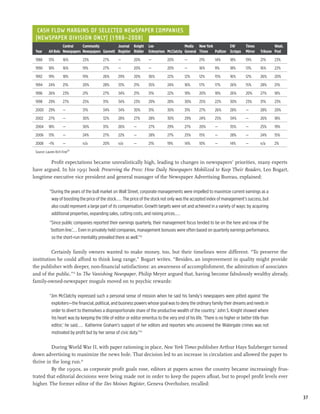 Cash Flow Margins of Selected Newspaper Companies
 (Newspaper Division Only) (1988–2008)
 		            Central	    Community		         Journal	Knight	Lee		                    Media 	 New York		EW	             Times		         Wash.
 Year	AH Belo	 Newspapers	 Newspapers	 Gannett	Register	Ridder	Enterprises	 McClatchy	 General	 Times	Pulitzer	 Scripps	 Mirror	 Tribune	Post

 1988	    13%	       16%	      23%	        27%	     —	        20%	     —	         20%	       —	       21%	      14%	     18%	     19%	     21%	     23%

 1990	    18%	       16%	      19%	        27%	     —	        20%	     —	         20%	       —	       16%	      9%	      18%	     13%	     16%	     22%

 1992	    19%	       18%	      19%	        26%	     29%	      20%	     36%	       22%	       12%	     12%	      15%	     16%	     12%	     26%	     20%

 1994	    24%	       21%	      20%	        28%	     33%	      21%	     35%	       24%	       16%	     17%	      17%	     26%	     15%	     28%	     21%

 1996	    26%	       23%	      21%	        27%	     34%	      21%	     31%	       22%	       19%	     20%	      18%	     26%	     20%	     27%	     18%

 1998	    29%	       27%	      25%	        31%	     34%	      23%	     29%	       28%	       30%	     25%	      22%	     30%	     23%	     31%	     23%

 2000	 29%	          —	        31%	        34%	     34%	      30%	     31%	       30%	       31%	     27%	      26%	     28%	     —	       28%	     20%

 2002	    27%	       —	        30%	        32%	     28%	      27%	     28%	       30%	       29%	     24%	      25%	     34%	     —	       26%	     18%

 2004	    18%	       —	        30%	        31%	     26%	­—	­27%	                  29%	       27%	     20%	      —	       35%	     —	       25%	     19%

 2006	    13%	       —	        24%	        27%	     22%	      —	       28%	       27%	       25%	     15%	      —	       28%	     —	       24%	     15%

 2008	    –1%	       —	        n/a	        20%	     n/a	      —	       21%	       19%	       14%	     10%	      —	       14%	     —	       n/a	     2%
                          29
 Source: Lauren Rich Fine

        Profit expectations became unrealistically high, leading to changes in newspapers’ priorities, many experts
have argued. In his 1991 book Preserving the Press: How Daily Newspapers Mobilized to Keep Their Readers, Leo Bogart,
longtime executive vice president and general manager of the Newspaper Advertising Bureau, explained:

           “During the years of the bull market on Wall Street, corporate managements were impelled to maximize current earnings as a
            way of boosting the price of the stock.... The price of the stock not only was the accepted index of management’s success, but
            also could represent a large part of its compensation. Growth targets were set and achieved in a variety of ways: by acquiring
            additional properties, expanding sales, cutting costs, and raising prices....
           “Since public companies reported their earnings quarterly, their management focus tended to be on the here and now of the
           ‘bottom line.’... Even in privately held companies, management bonuses were often based on quarterly earnings performance,
            so the short-run mentality prevailed there as well.”32

         Certainly family owners wanted to make money, too, but their timelines were different. “To preserve the
institution he could afford to think long range,” Bogart writes. “Besides, an improvement in quality might provide
the publisher with deeper, non-financial satisfactions: an awareness of accomplishment, the admiration of associates
and of the public.”33 In The Vanishing Newspaper, Philip Meyer argued that, having become fabulously wealthy already,
family-owned-newspaper moguls moved on to psychic rewards:

           “Jim McClatchy expressed such a personal sense of mission when he said his family’s newspapers were pitted against ‘the
            exploiters—the financial, political, and business powers whose goal was to deny the ordinary family their dreams and needs in
            order to divert to themselves a disproportionate share of the productive wealth of the country.’ John S. Knight showed where
            his heart was by keeping the title of editor or editor emeritus to the very end of his life. ‘There is no higher or better title than
            editor,’ he said.... Katherine Graham’s support of her editors and reporters who uncovered the Watergate crimes was not
            motivated by profit but by her sense of civic duty.”34

         During World War II, with paper rationing in place, New York Times publisher Arthur Hays Sulzberger turned
down advertising to maximize the news hole. That decision led to an increase in circulation and allowed the paper to
thrive in the long run.35
         By the 1990s, as corporate profit goals rose, editors at papers across the country became increasingly frus-
trated that editorial decisions were being made not in order to keep the papers afloat, but to propel profit levels ever
higher. The former editor of the Des Moines Register, Geneva Overholser, recalled:

                                                                                                                                                          37
 