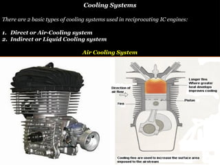 Cooling Systems
There are 2 basic types of cooling systems used in reciprocating IC engines:
1. Direct or Air-Cooling system
2. Indirect or Liquid Cooling system
Air Cooling System
 